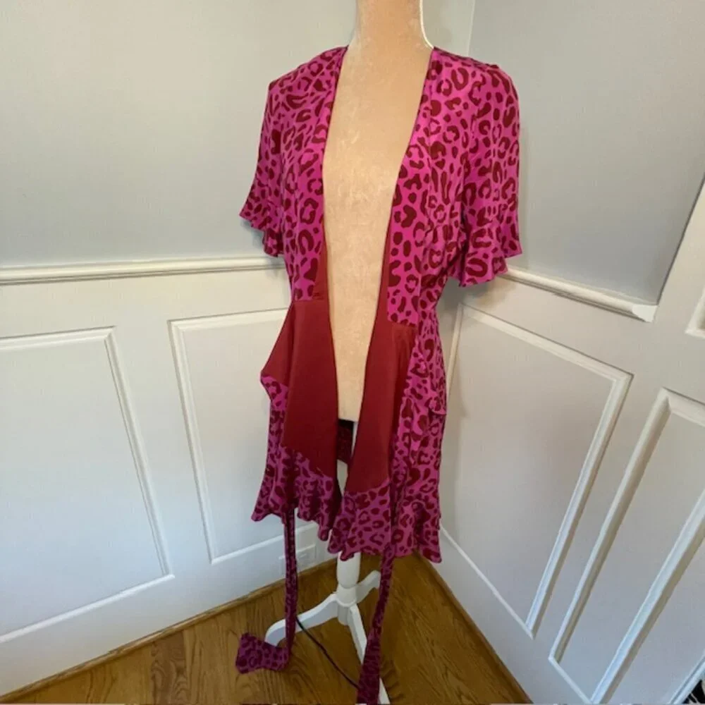 Marie Oliver Silk Leopard Wrap Dress Pink Ruffle Mini XS - Picture 8 of 12